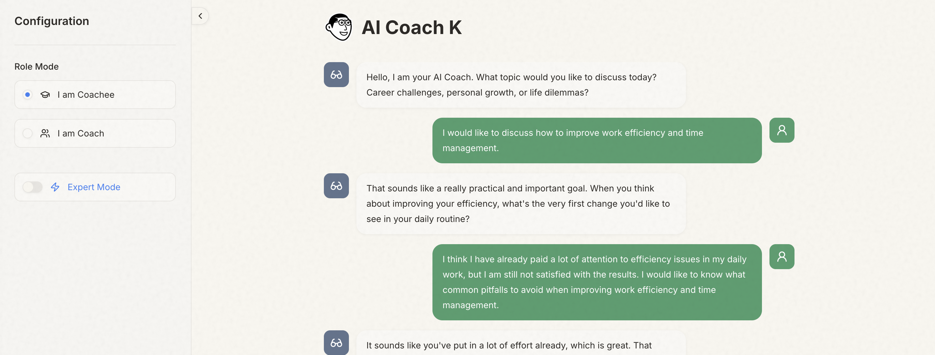 Coach K conversational coaching interface